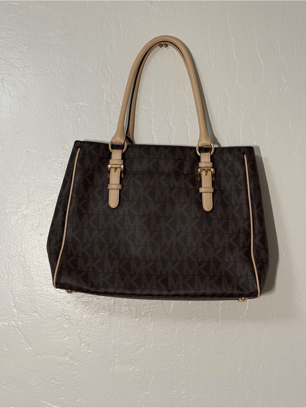Michael Kors Dark Brown MK Logo Tote with Beige Trim